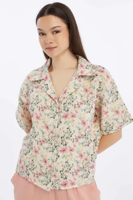 Mısırlı MÜSLİN Pamuklu Çiçekli Gömlek Pembe