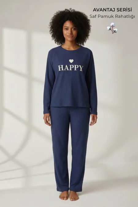 Mısırlı Kadın Pamuk Gorfe Kumaş Pijama Takım Lacivert