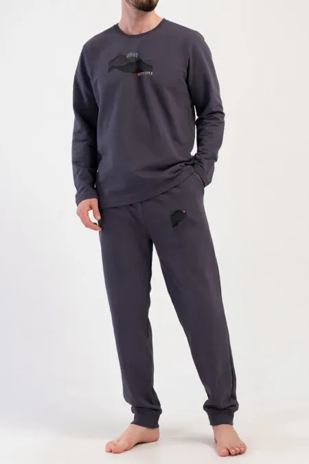 Ensemble pyjama égyptien pour homme, col rond, manches longues, bleu marine, en maille à deux fils