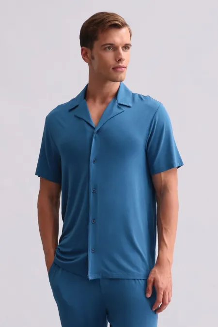 Chemise égyptienne pour homme en modal à manches courtes, bleu marine foncé