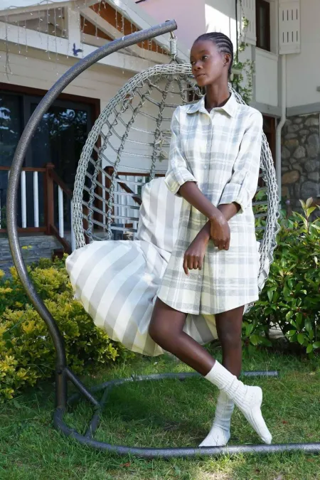 Women's Cotton Plaid Shirt Dress, Ecru