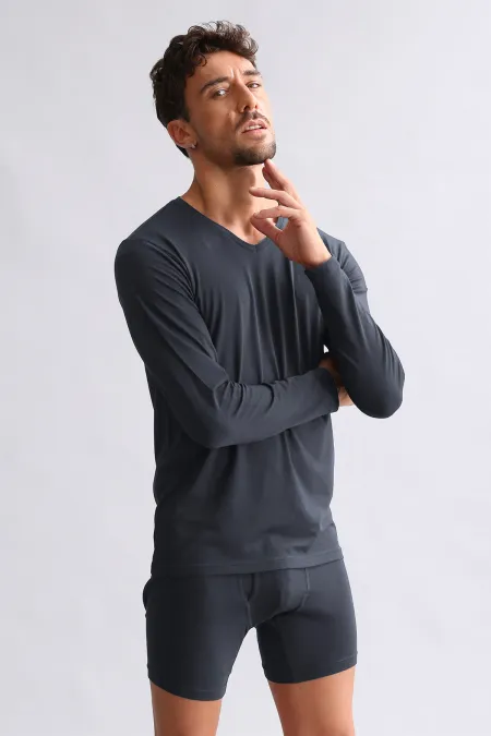 BAMBU HERCULES Slim Fit V Yaka Uzun Kollu Erkek  Fanila Antrasit