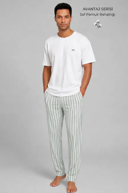 Egyptian Men's Cotton Striped Pajama Set White-Aqua Green
