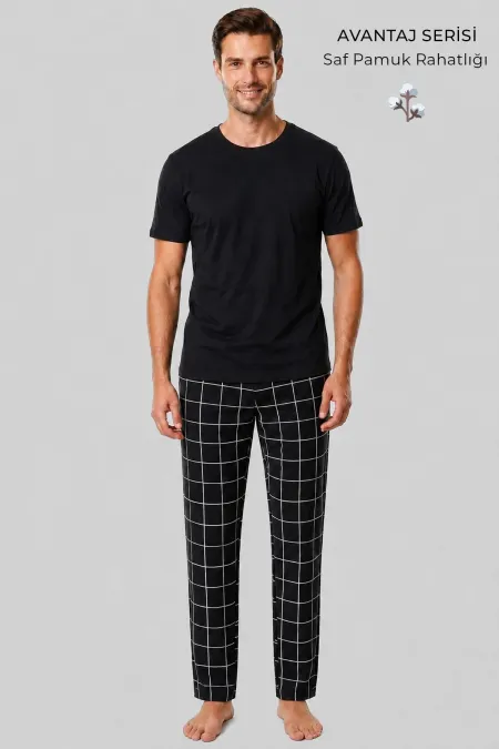 Egyptian Men's Cotton Thin Plaid Bottom Pajamas Black