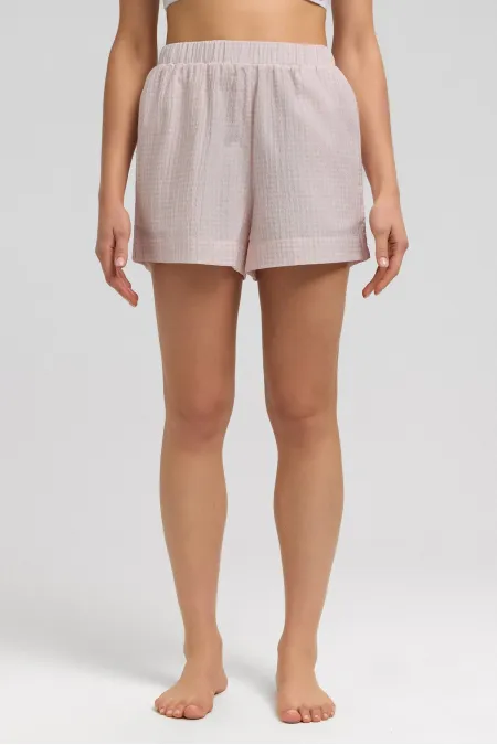 Mısırlı Kadın Pamuk Ekoseli Mini Şort Açık Pembe