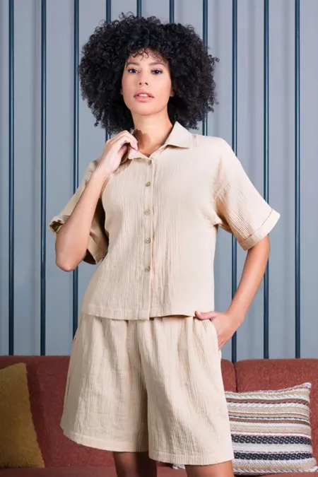 Mısırlı Kadın Pamuklu Kısa Kollu Şort Takımı Bej