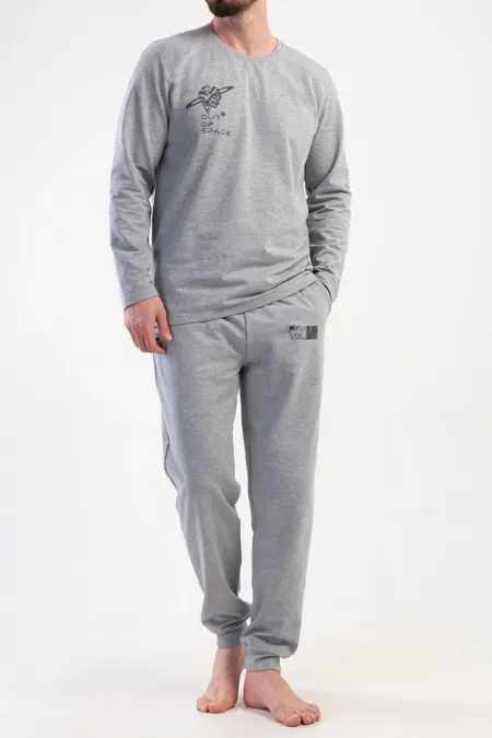 Ensemble pyjama égyptien pour homme, col rond, manches longues, gris chiné