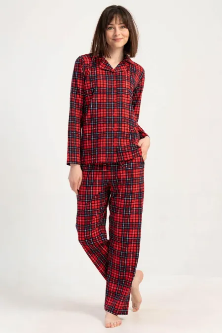 Mısırlı Kadın Pamuklu Ekoseli Uzun Kollu Gömlek Pijama Takımı Kırmızı