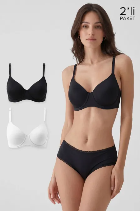 Egyptian Women's 2-Piece Economical Pack Non-Padded Shaping Micro Bra Set, D Cup Option, Black and White