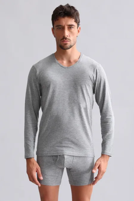 Débardeur/T-shirt à manches longues et col en V, coupe ajustée, en modal égyptien HERCULES de TENCEL, gris chiné