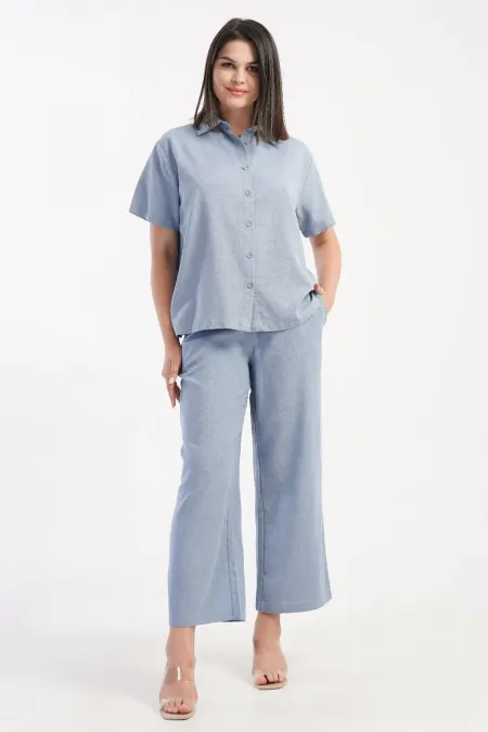 Ensemble chemise à manches courtes en coton tissé pour femme égyptienne, bleu clair