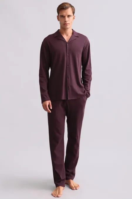 Ensemble chemise et pyjama en coton pour homme, bordeaux, style égyptien