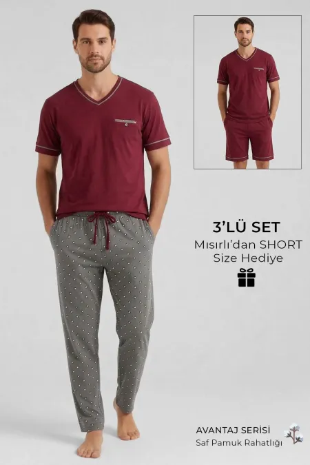 Ensemble 3 pièces pour homme en coton égyptien, col en V, poches, anthracite/bordeaux