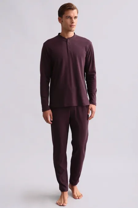 Ensemble pyjama pour homme en coton égyptien, manches longues, col mandarin, bordeaux