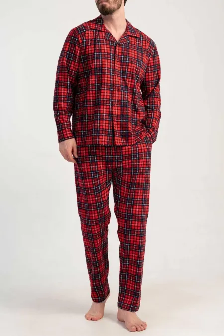 Ensemble pyjama rouge à carreaux en coton égyptien pour homme, chemise à manches longues