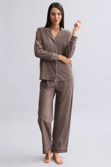Mısırlı Kadın %100 Pamuk Pijama Takımı Kahverengi