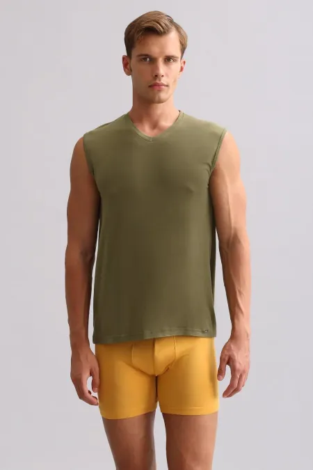 Mısırlı ORGANIC Pamuklu ZEUS LUXURY Regular Fit V Yaka Sporcu Atlet / T-Shirt Haki Zeytin