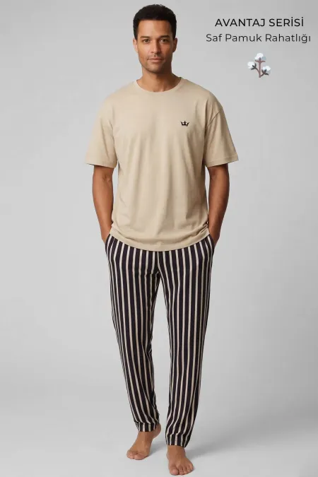 Egyptian Men's Cotton Striped Pajama Set Beige-Dark Brown