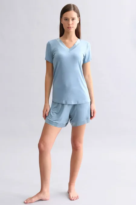Ensemble T-shirt et short en satin pour femme, bleu pétrole, style égyptien