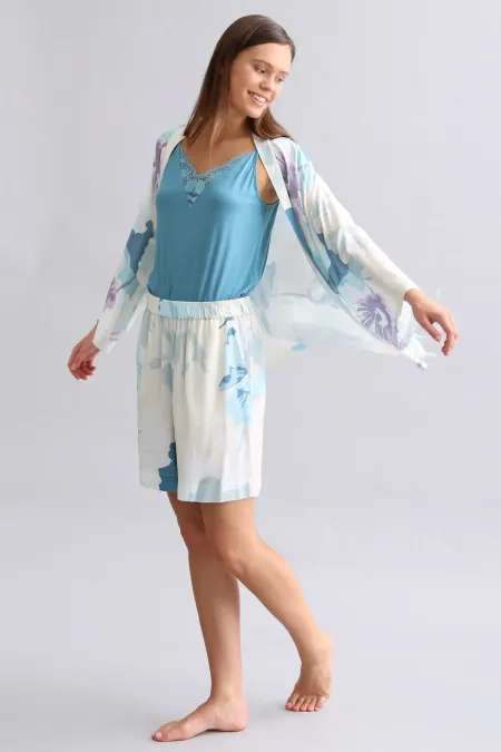 Short midi tissé en viscose à motif Aurora bleu marine