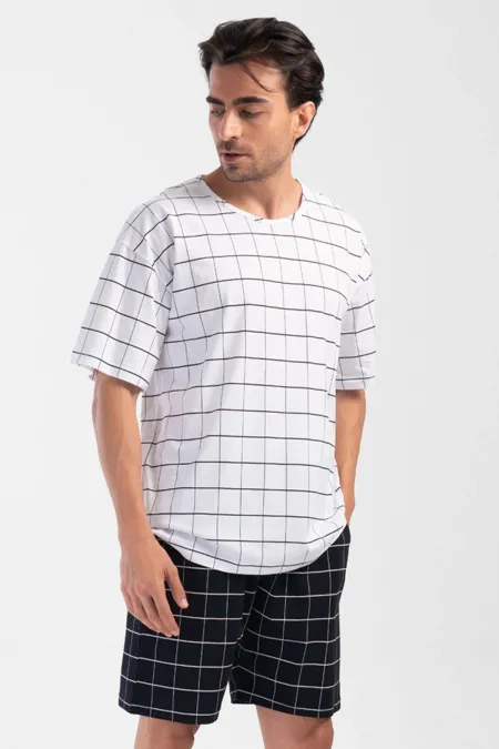 Mısırlı Erkek Pamuklu Kısa Kol Şort Pijama Takımı Beyaz