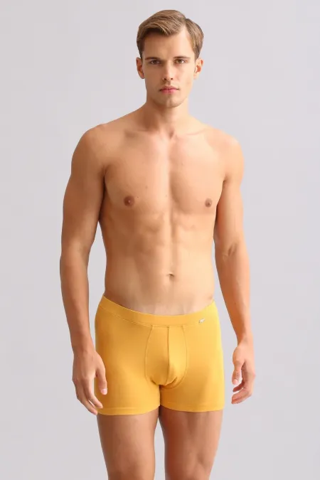 Boxer ZEUS LUXURY coupe classique avec emblème métallique, couleur moutarde, en coton biologique égyptien.