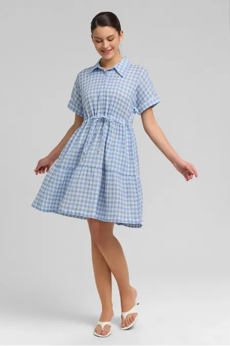 Kadın Pamuk Ekoseli Düğmeli Elbise Açık Mavi