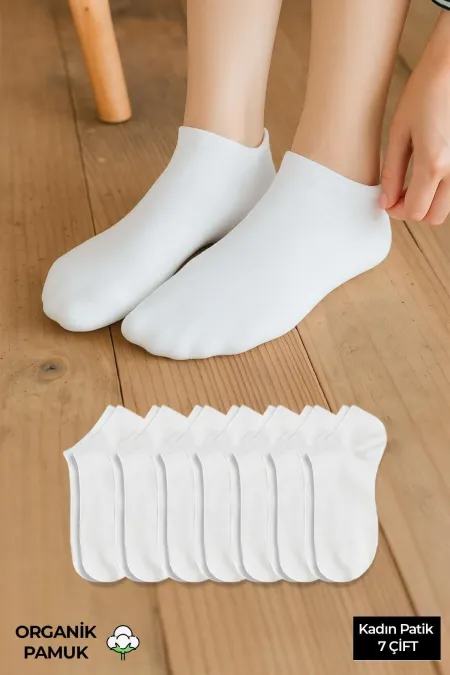 ORGANİK PAMUKLU Kadın Kutulu 7 Çift Patik Çorap Beyaz
