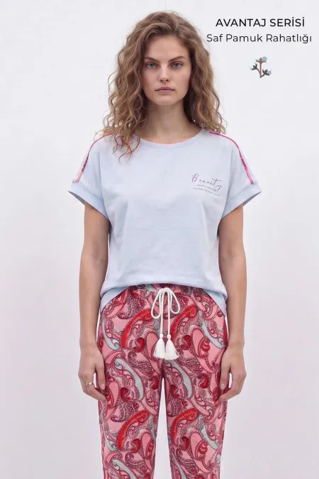 Mısırlı Kadın Pamuk Kısa Kol Pijama Takım Beyaz/Şal Desen