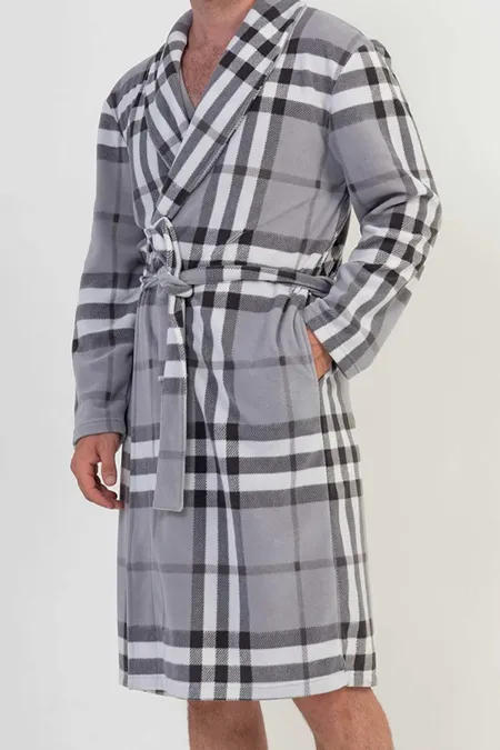 Robe de chambre égyptienne pour homme, en polaire grise, manches longues