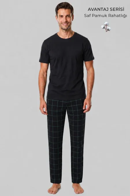 Mısırlı Erkek Pamuk İnce Ekoseli Alt  Pijama Siyah-Mint