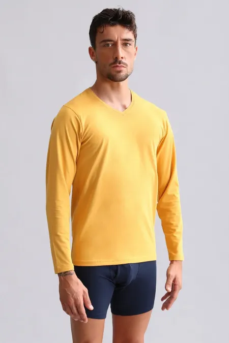 Débardeur/T-shirt à manches longues et col en V, coupe ajustée, en modal égyptien TENCEL HERCULES, couleur moutarde