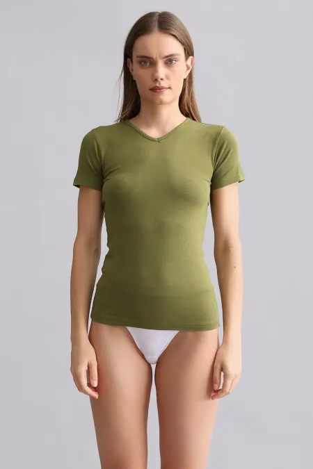 Mısırlı Modal By TENCEL VICTORIA V Yaka Fanila / T-Shirt Haki