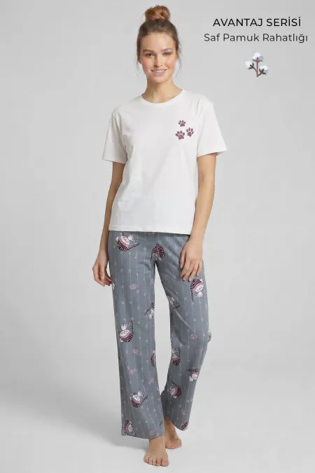 Mısırlı Kadın Pamuklu Pijama Takım Gri/Beyaz