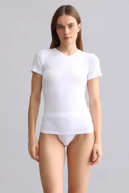 Mısırlı Modal By TENCEL VICTORIA V Yaka Fanila / T-Shirt Beyaz