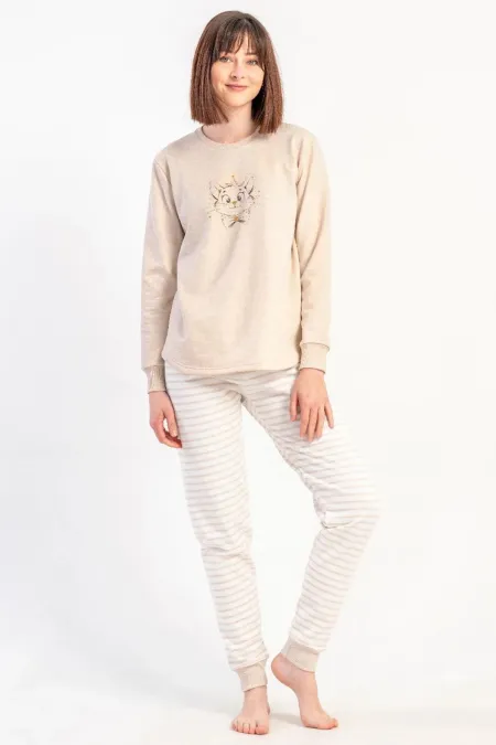 Mısırlı Kadın İki İplik Sıfır Yaka Uzun Kollu Pijama Takımı Bej