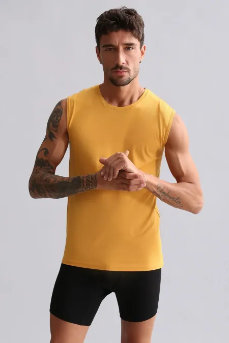 Débardeur/T-shirt de sport à col rond et coupe ajustée en bambou égyptien Hercules, couleur moutarde