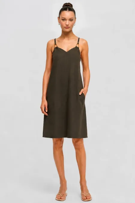 Robe courte à bretelles en coton kaki pour femme égyptienne