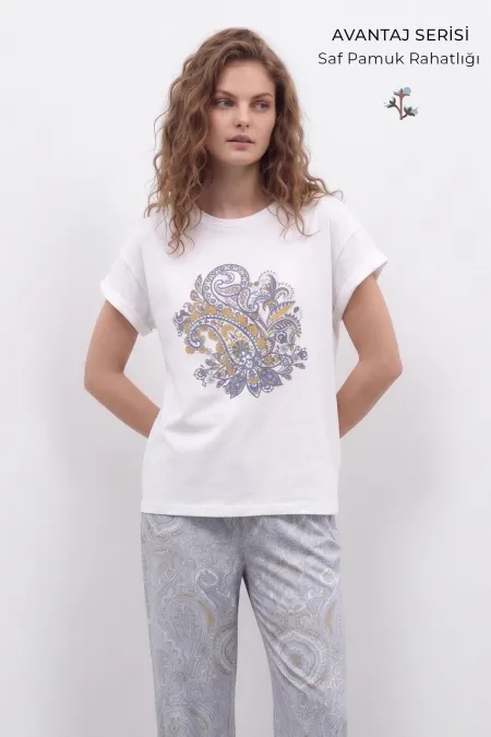 Mısırlı Kadın Pamuk Kısa Kol Pijama Takım Beyaz/Gri