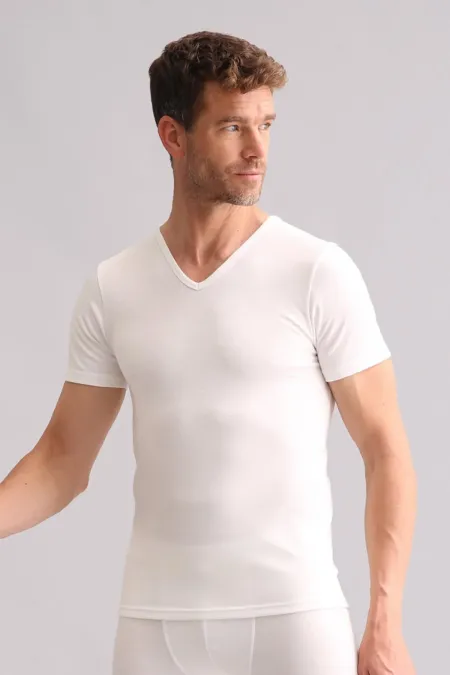 Mısırlı BAMBU TERMAL V Yaka Fanila / T-Shirt Ekru