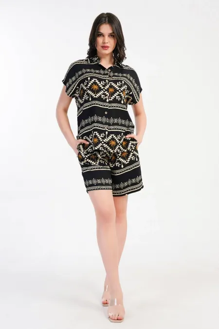 Mısırlı Kadın Viskon Dokuma Desenli Gömlek Şort Takım Siyah