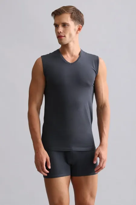 Mısırlı Modal By TENCEL HERCULES Slim Fit V-Neck Athletic Tank Top / T-Shirt Anthracite
