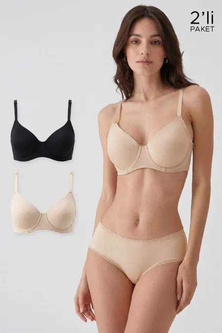 Egyptian Women's 2-Piece Economical Pack Non-Padded Shaping Micro Bra Set, D Cup Option, Black-Beige