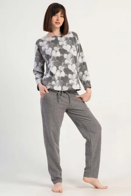 Mısırlı Kadın İnterlok Kalp Desenli Uzun Kollu Pijama Takımı Gri Melanj