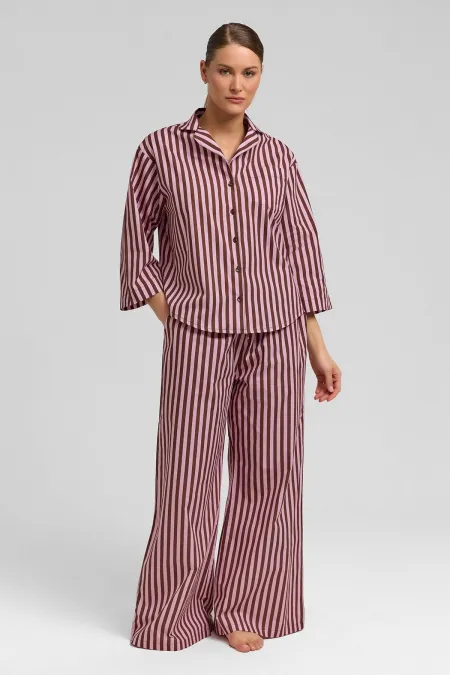Kadın Pamuklu Poplin Çizgili Gömlek Kahverengi/Pembe