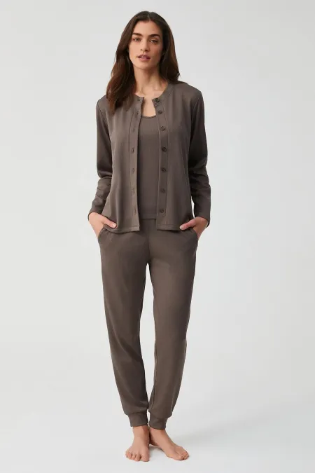 Mısırlı Kadın Üçlü Pijama Takımı Kahverengi