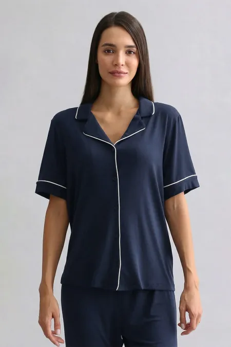 Haut de pyjama à manches courtes en bambou pour femme, bleu marine, de style égyptien