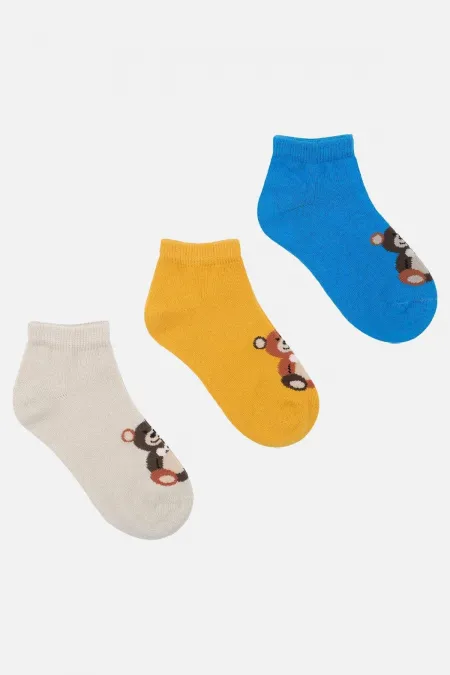 Mısırlı Unisex Cotton 3 Pairs Teddy Bear Pattern Kids' Ankle Socks