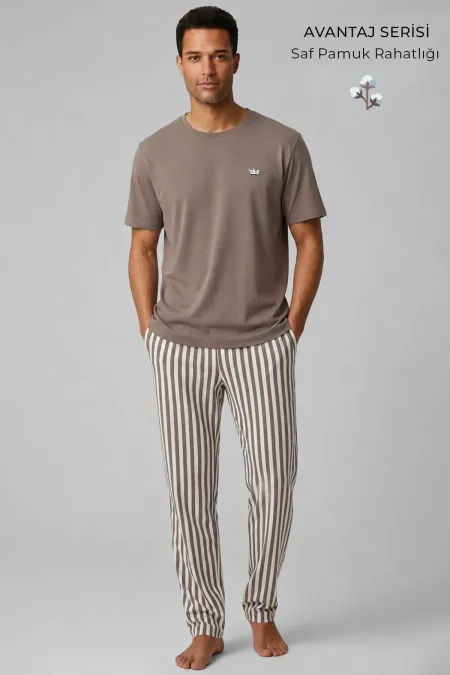 Mısırlı Erkek Pamuk Çizgili Pijama Takım Vizon