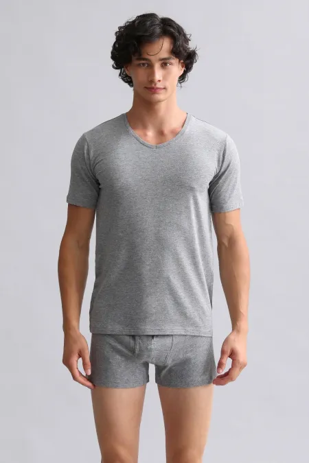 Mısırlı Modal By TENCEL HERCULES Slim Fit V Yaka Fanila / T-Shirt Gri Melanj